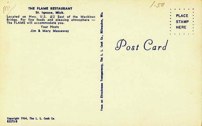 Mackinaw Pastie & Cookie Co (Flame Restaurant) - Vintage Postcard